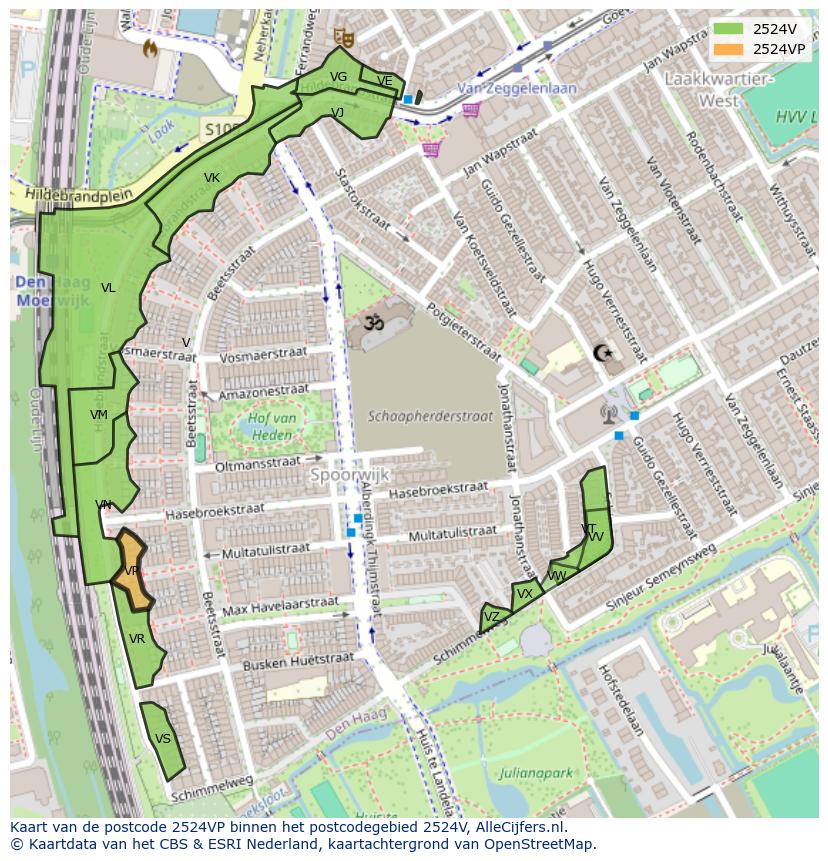 Afbeelding van het postcodegebied 2524 VP op de kaart.