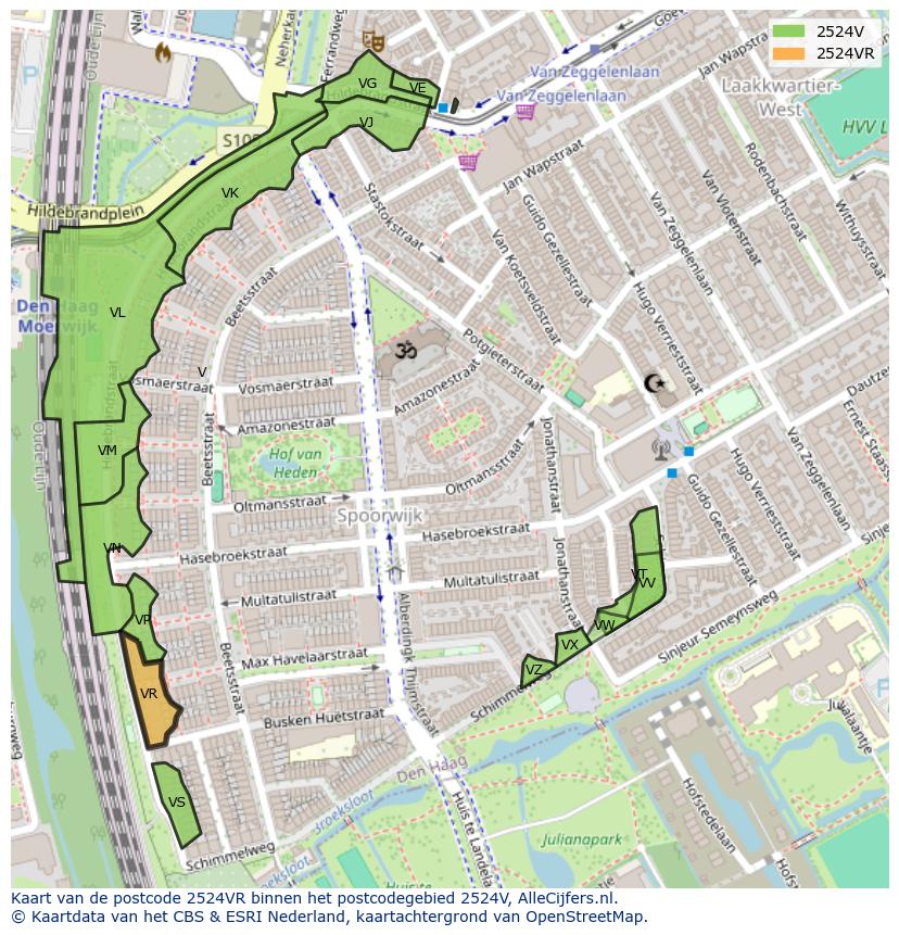 Afbeelding van het postcodegebied 2524 VR op de kaart.