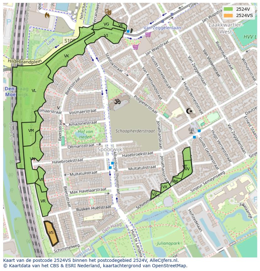 Afbeelding van het postcodegebied 2524 VS op de kaart.