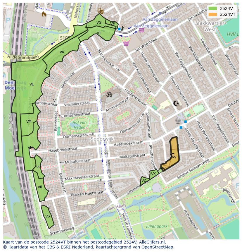 Afbeelding van het postcodegebied 2524 VT op de kaart.