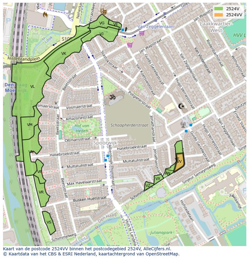 Afbeelding van het postcodegebied 2524 VV op de kaart.