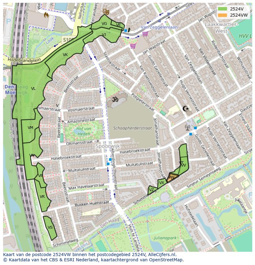 Afbeelding van het postcodegebied 2524 VW op de kaart.
