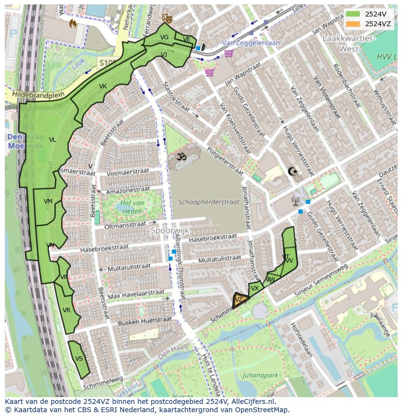 Afbeelding van het postcodegebied 2524 VZ op de kaart.