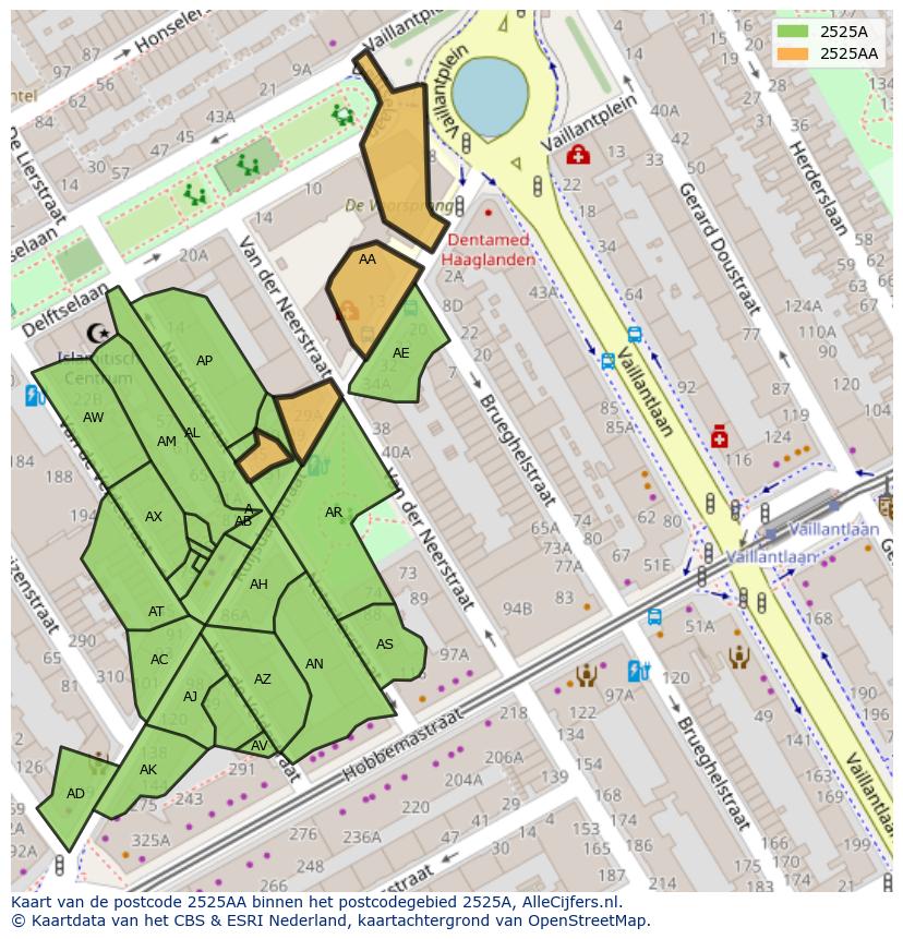 Afbeelding van het postcodegebied 2525 AA op de kaart.