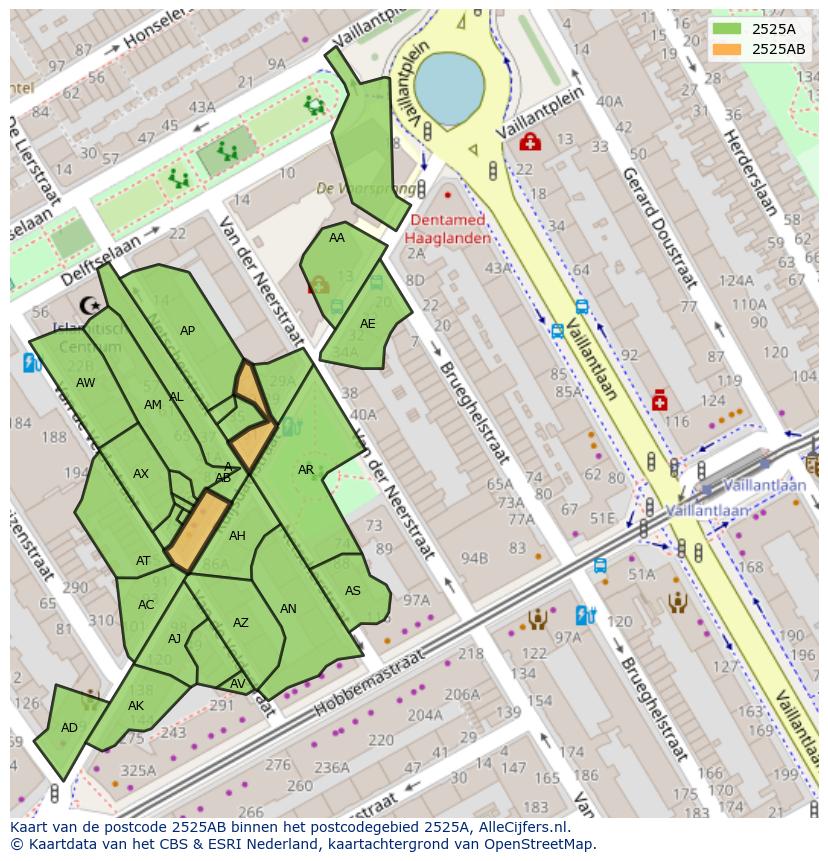 Afbeelding van het postcodegebied 2525 AB op de kaart.