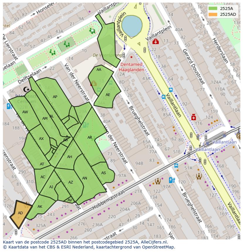 Afbeelding van het postcodegebied 2525 AD op de kaart.