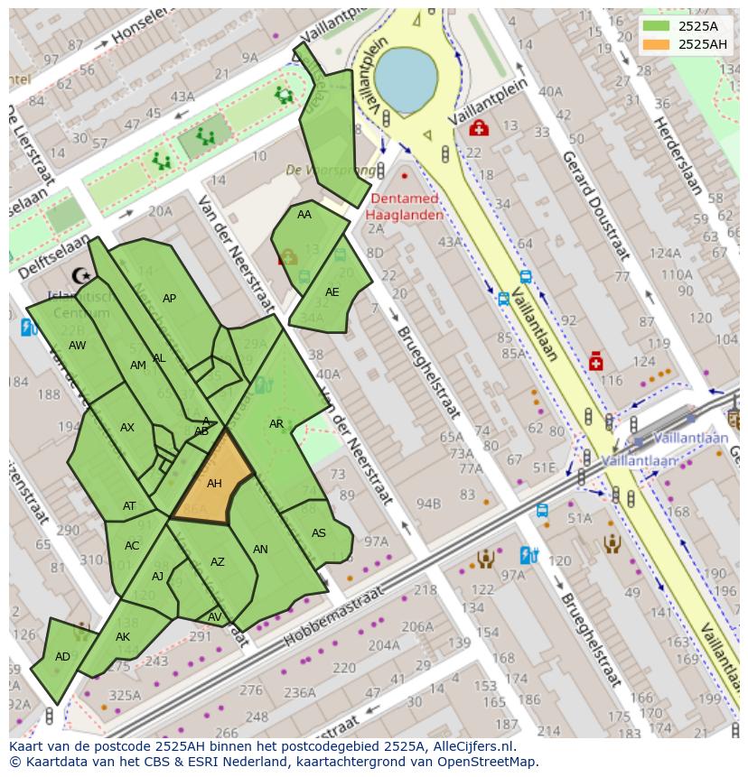 Afbeelding van het postcodegebied 2525 AH op de kaart.