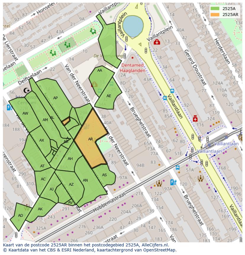 Afbeelding van het postcodegebied 2525 AR op de kaart.