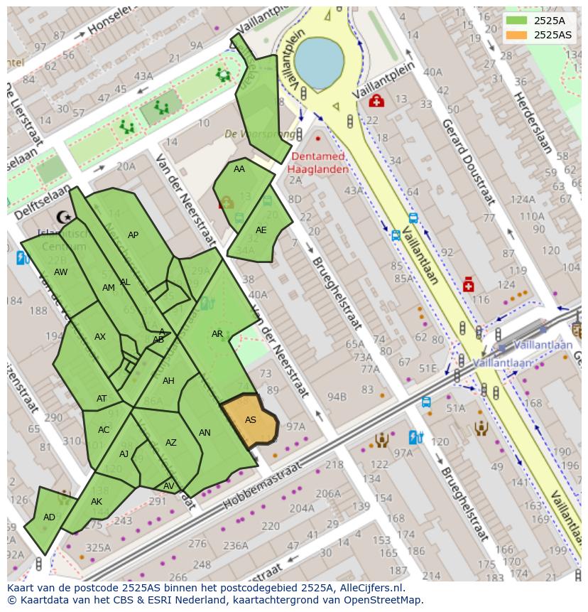 Afbeelding van het postcodegebied 2525 AS op de kaart.