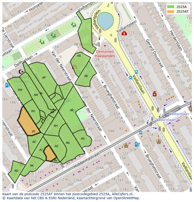 Afbeelding van het postcodegebied 2525 AT op de kaart.