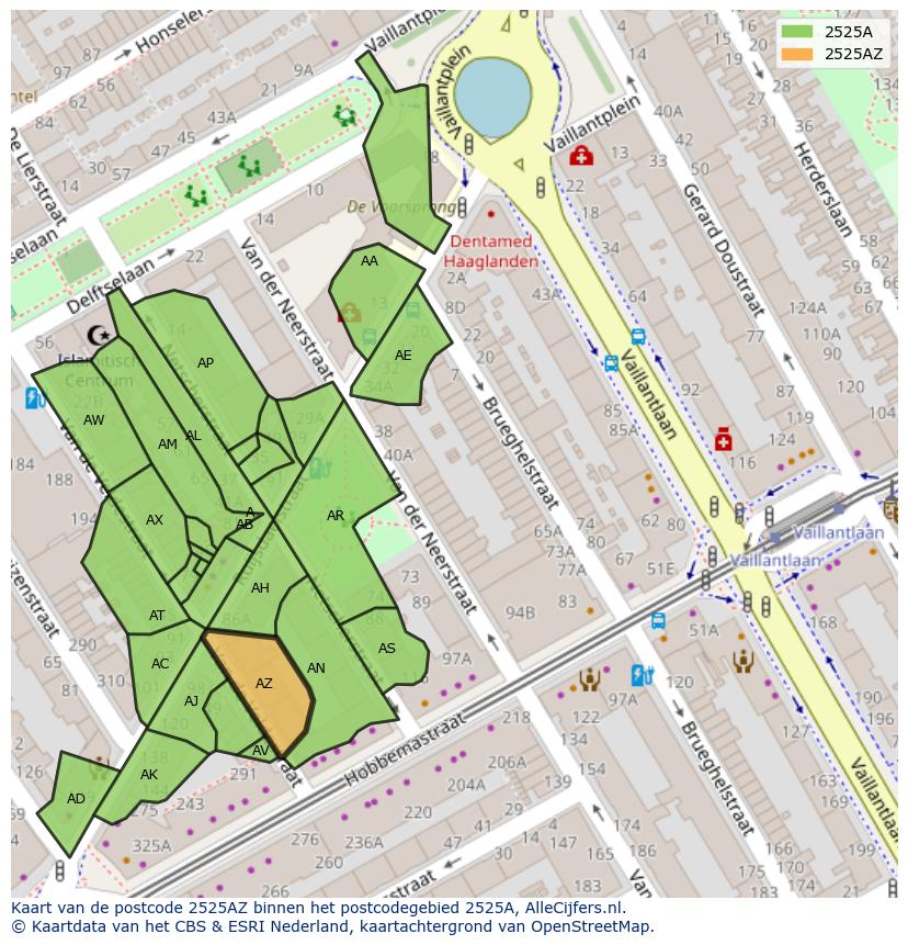Afbeelding van het postcodegebied 2525 AZ op de kaart.