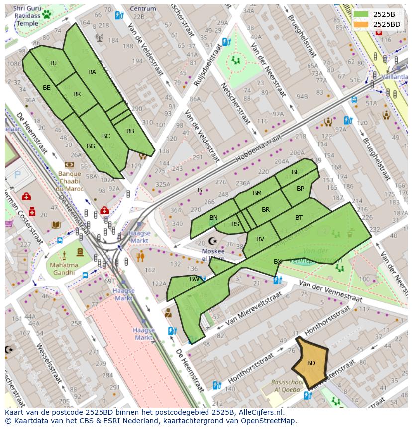 Afbeelding van het postcodegebied 2525 BD op de kaart.