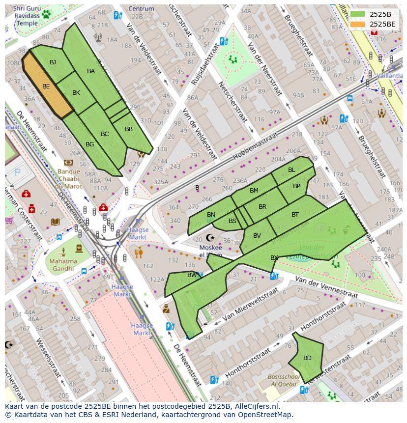 Afbeelding van het postcodegebied 2525 BE op de kaart.
