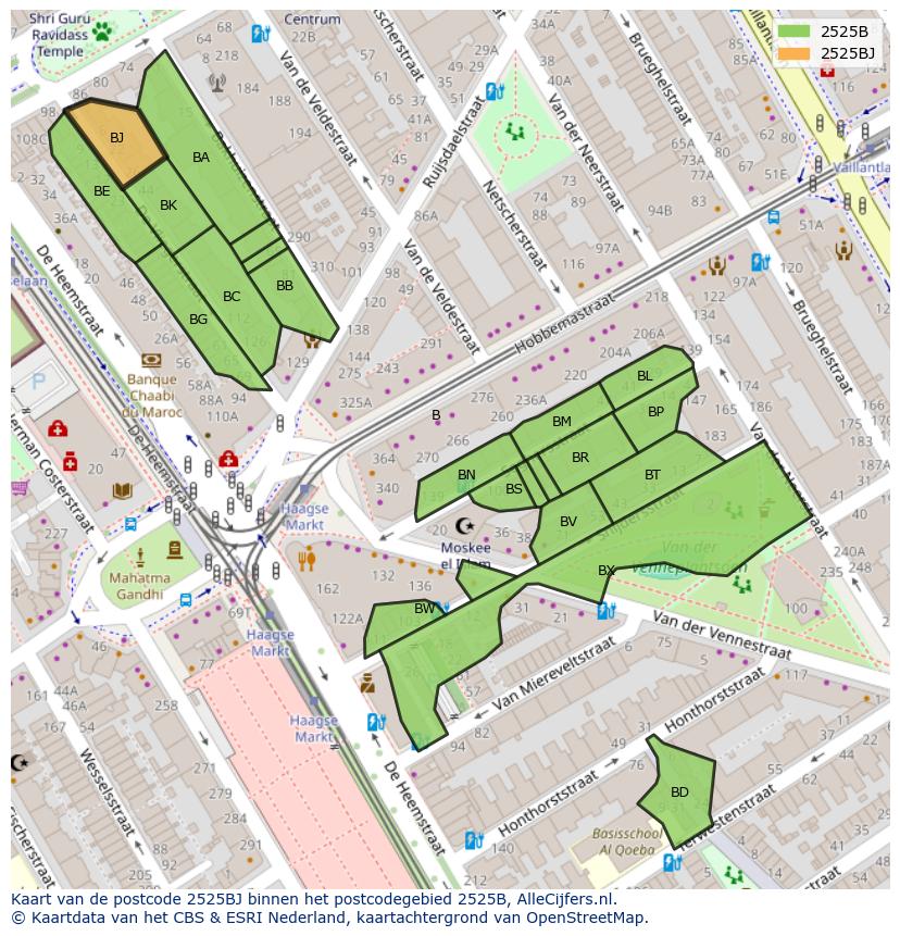 Afbeelding van het postcodegebied 2525 BJ op de kaart.