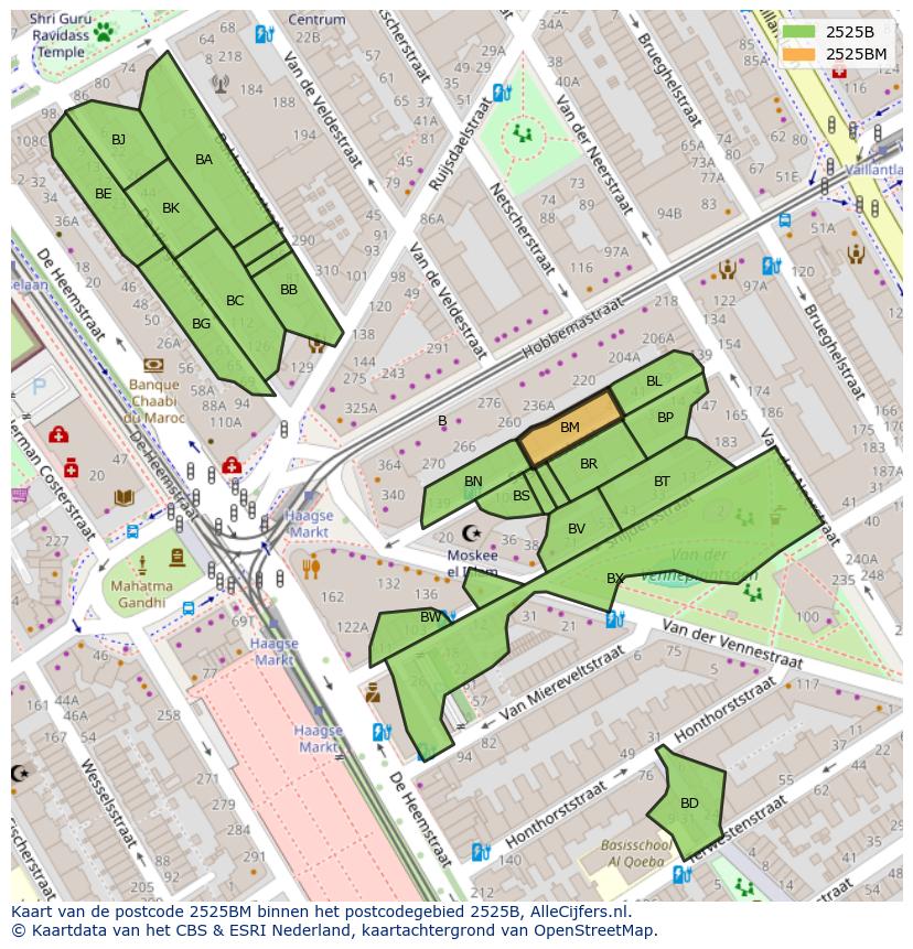 Afbeelding van het postcodegebied 2525 BM op de kaart.