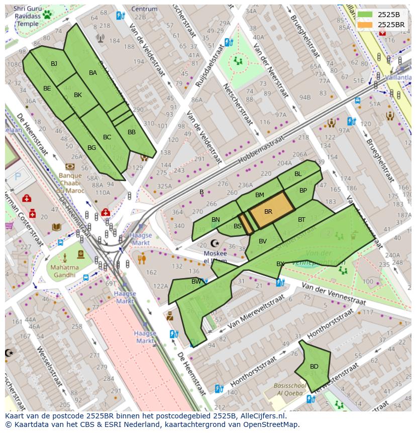 Afbeelding van het postcodegebied 2525 BR op de kaart.