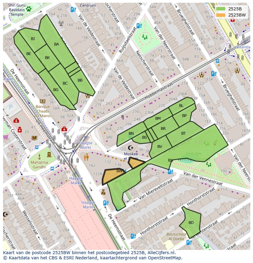 Afbeelding van het postcodegebied 2525 BW op de kaart.