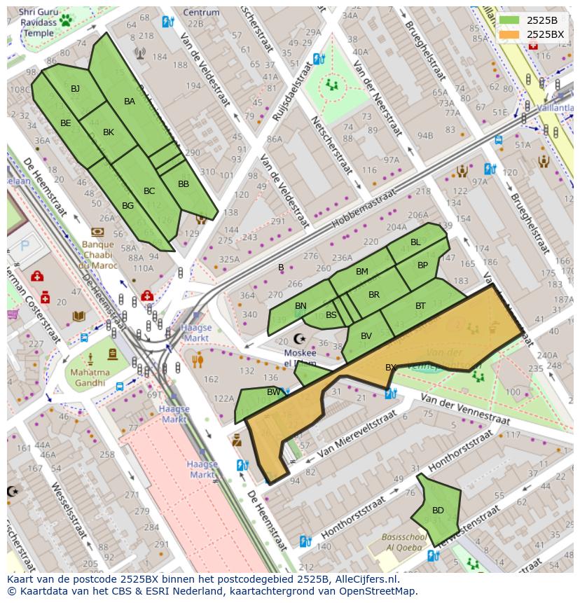 Afbeelding van het postcodegebied 2525 BX op de kaart.