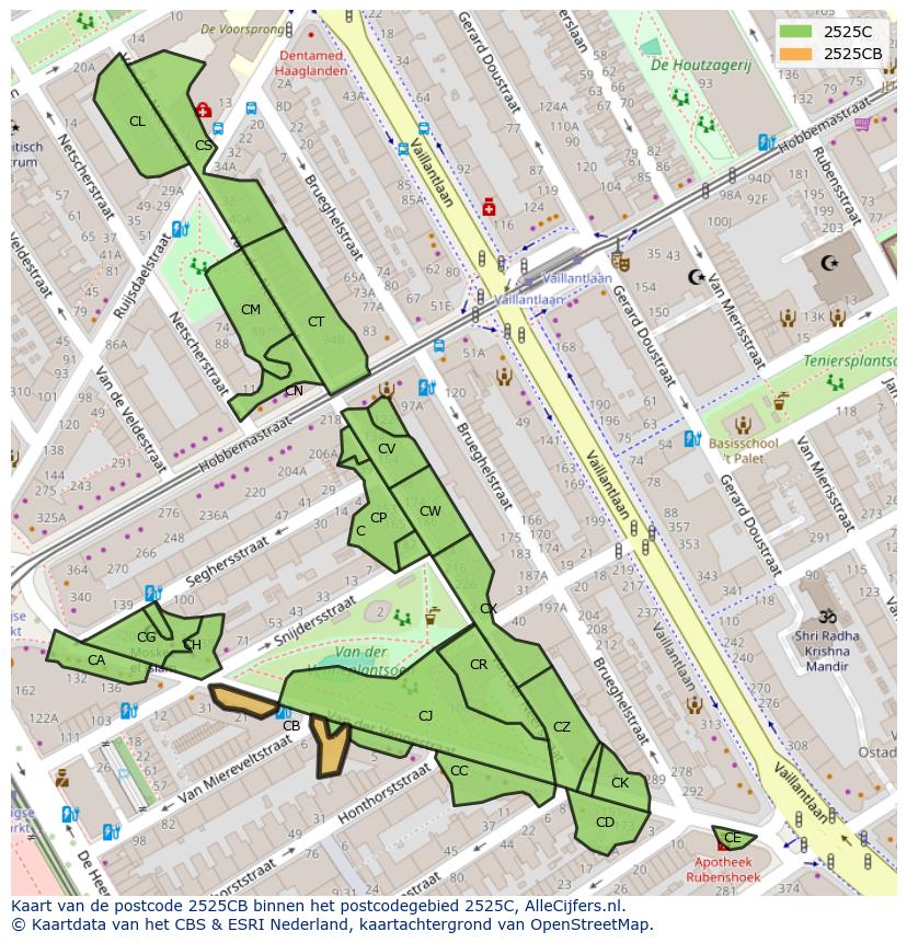 Afbeelding van het postcodegebied 2525 CB op de kaart.