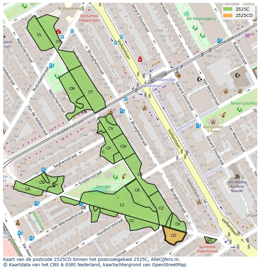 Afbeelding van het postcodegebied 2525 CD op de kaart.