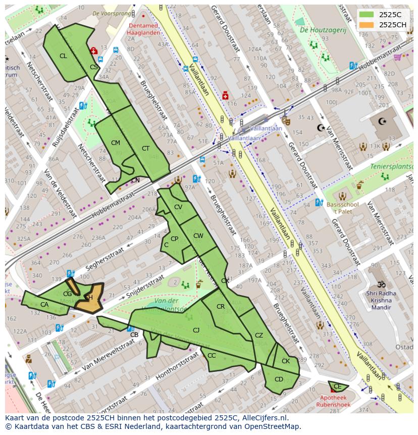 Afbeelding van het postcodegebied 2525 CH op de kaart.