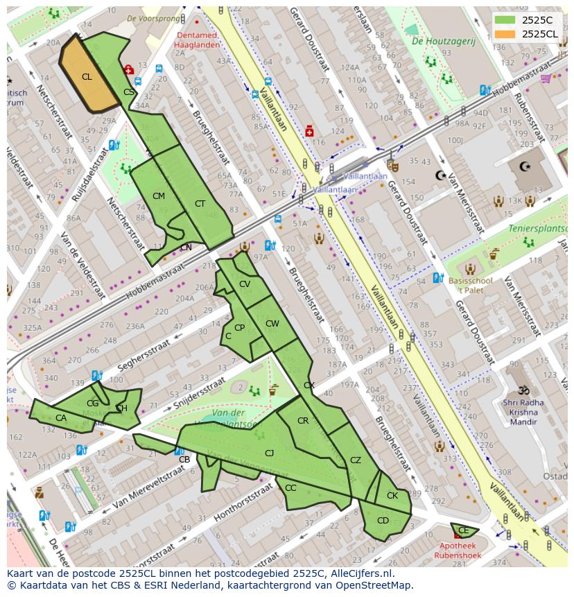Afbeelding van het postcodegebied 2525 CL op de kaart.
