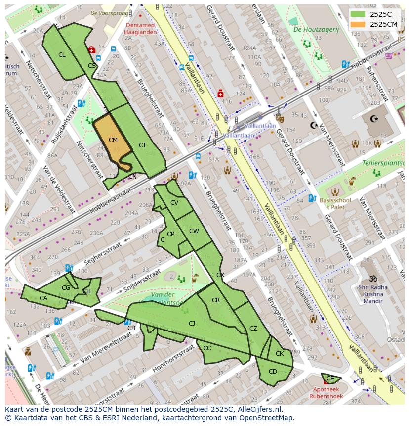 Afbeelding van het postcodegebied 2525 CM op de kaart.