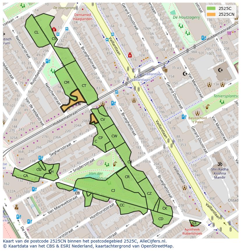 Afbeelding van het postcodegebied 2525 CN op de kaart.