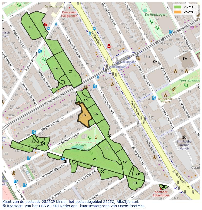 Afbeelding van het postcodegebied 2525 CP op de kaart.