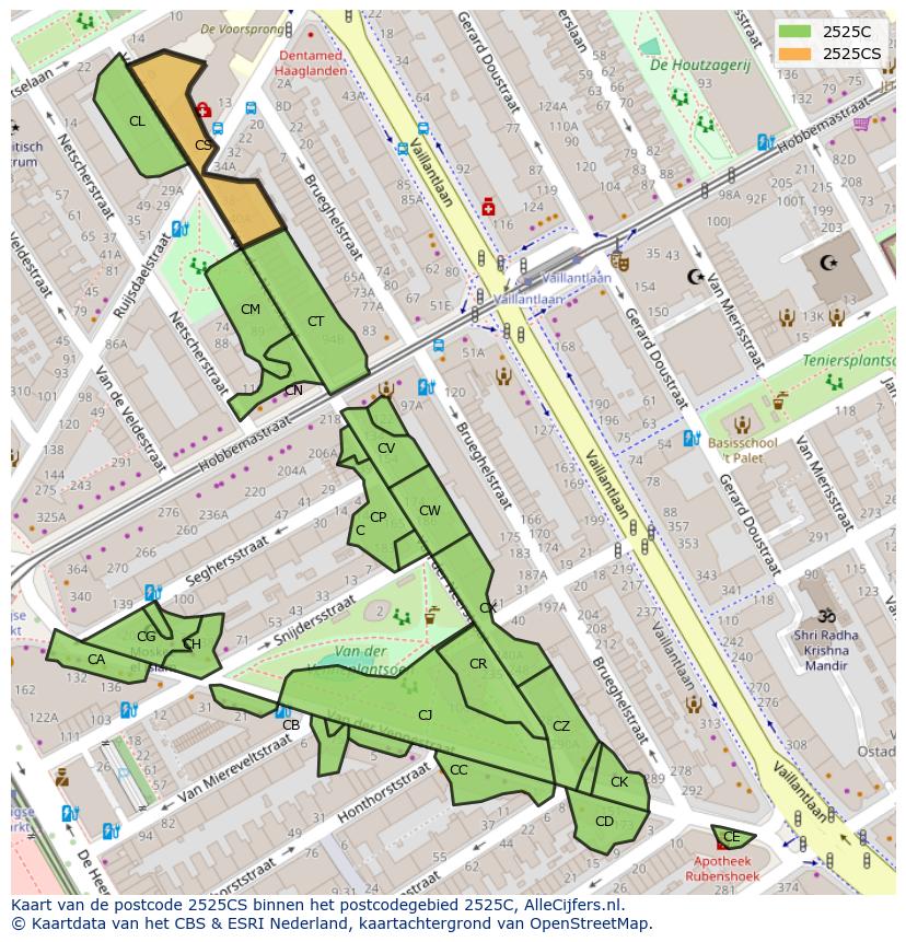 Afbeelding van het postcodegebied 2525 CS op de kaart.