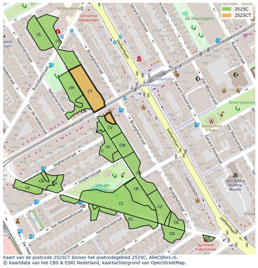 Afbeelding van het postcodegebied 2525 CT op de kaart.