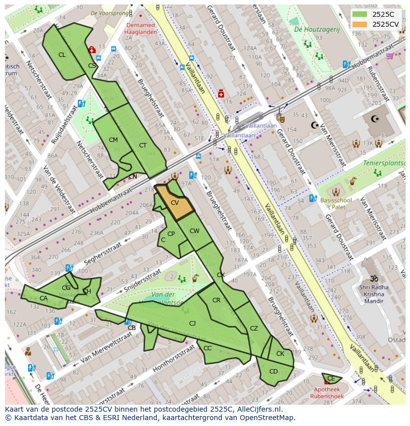 Afbeelding van het postcodegebied 2525 CV op de kaart.