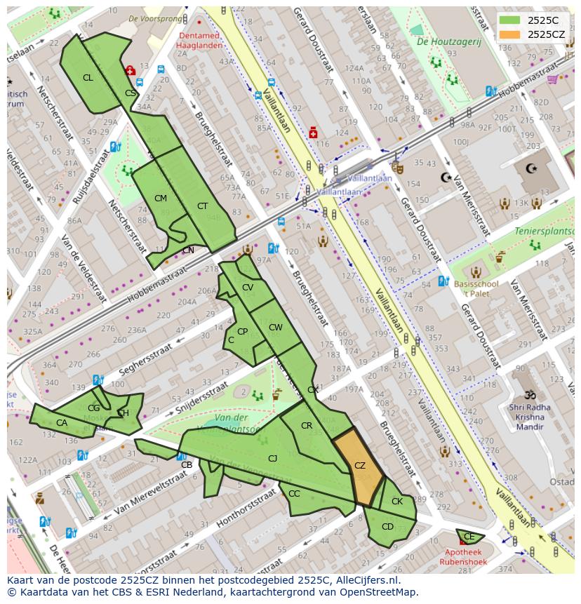 Afbeelding van het postcodegebied 2525 CZ op de kaart.