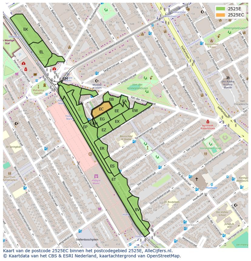 Afbeelding van het postcodegebied 2525 EC op de kaart.