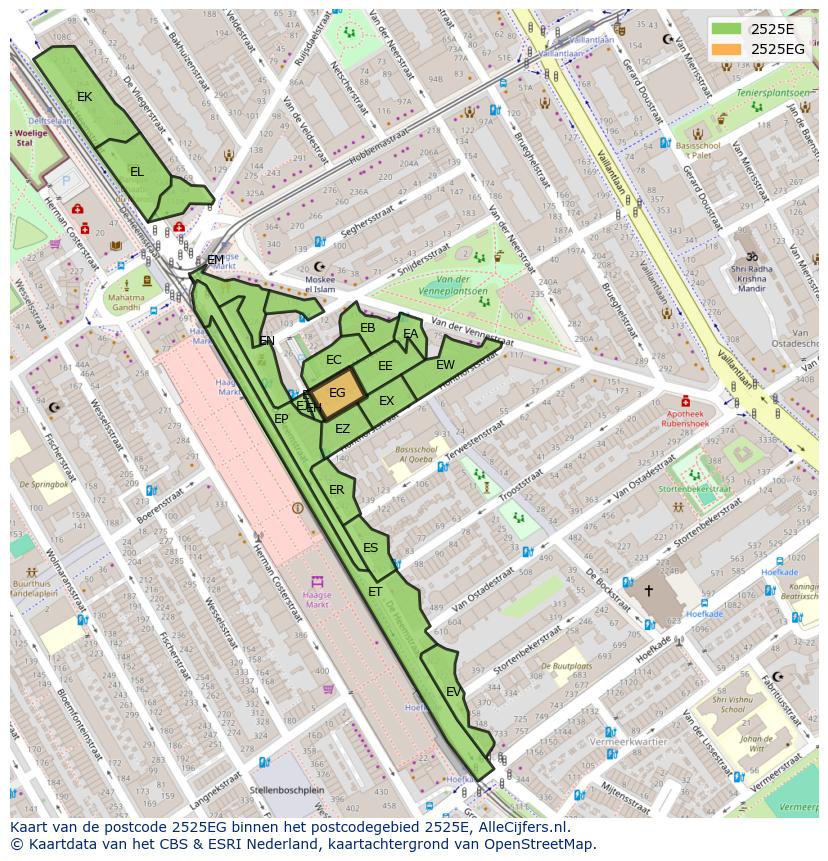 Afbeelding van het postcodegebied 2525 EG op de kaart.