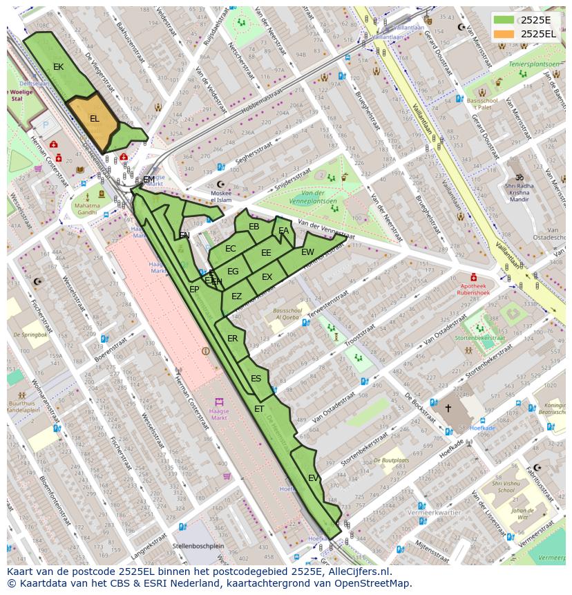 Afbeelding van het postcodegebied 2525 EL op de kaart.