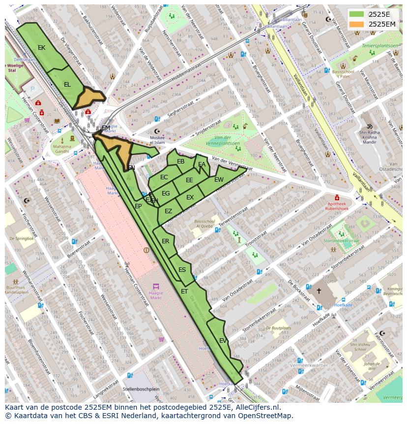 Afbeelding van het postcodegebied 2525 EM op de kaart.