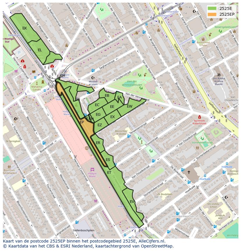 Afbeelding van het postcodegebied 2525 EP op de kaart.