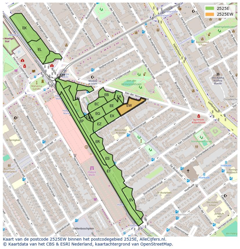Afbeelding van het postcodegebied 2525 EW op de kaart.