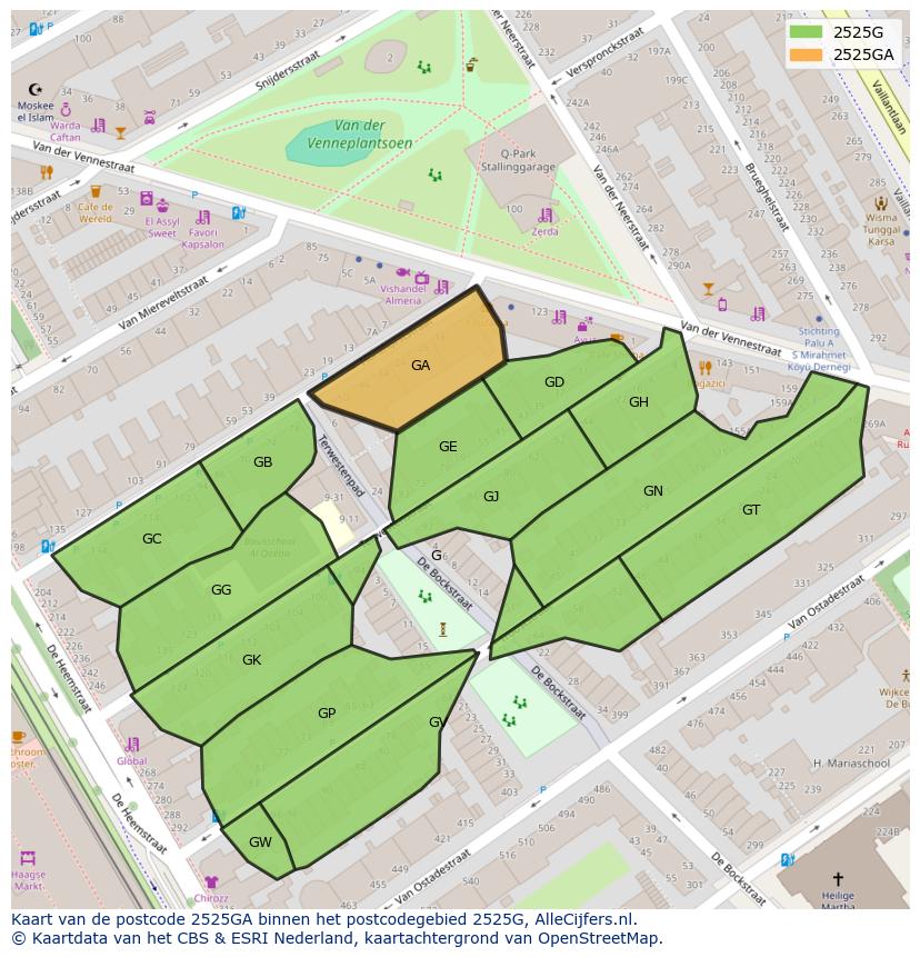 Afbeelding van het postcodegebied 2525 GA op de kaart.