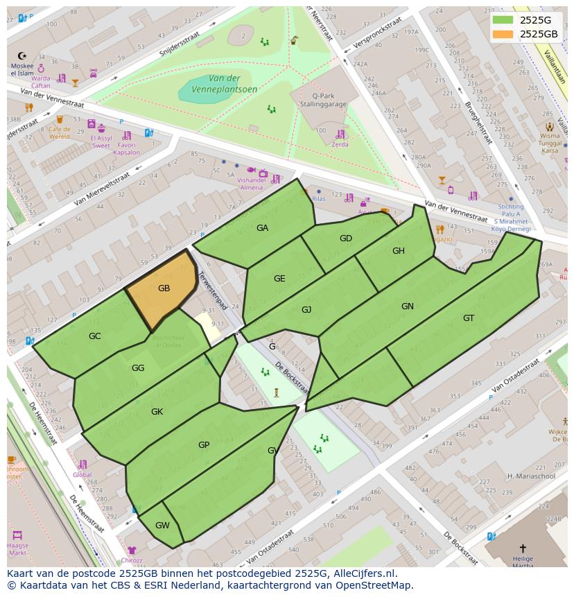 Afbeelding van het postcodegebied 2525 GB op de kaart.