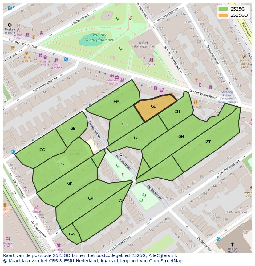 Afbeelding van het postcodegebied 2525 GD op de kaart.