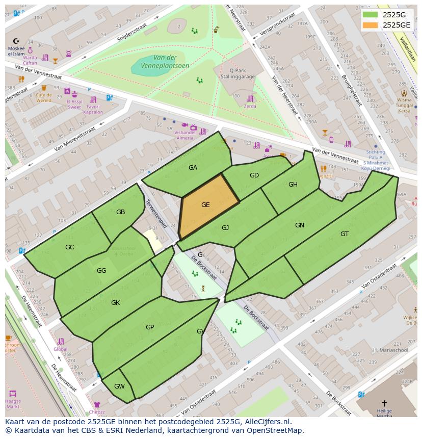 Afbeelding van het postcodegebied 2525 GE op de kaart.