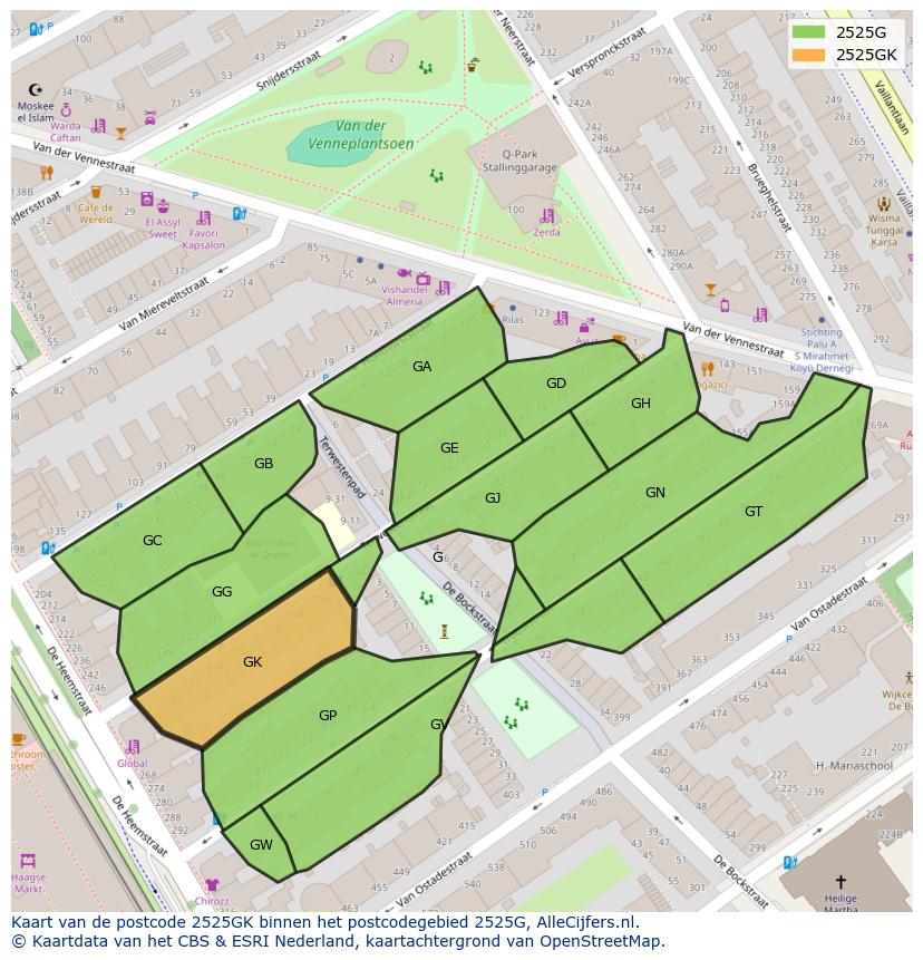 Afbeelding van het postcodegebied 2525 GK op de kaart.