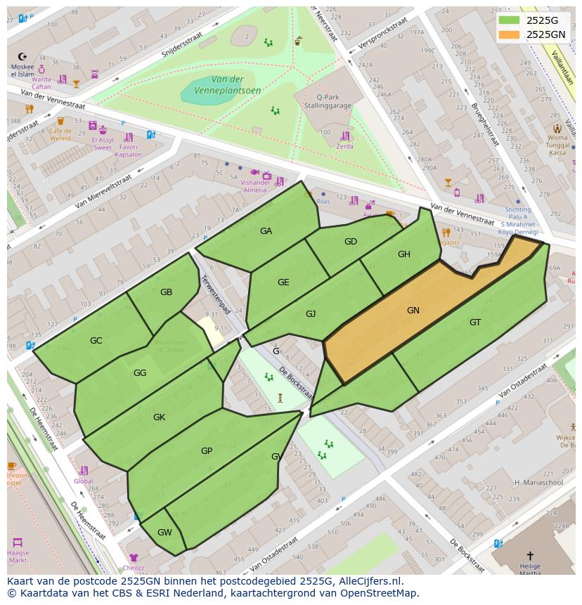 Afbeelding van het postcodegebied 2525 GN op de kaart.