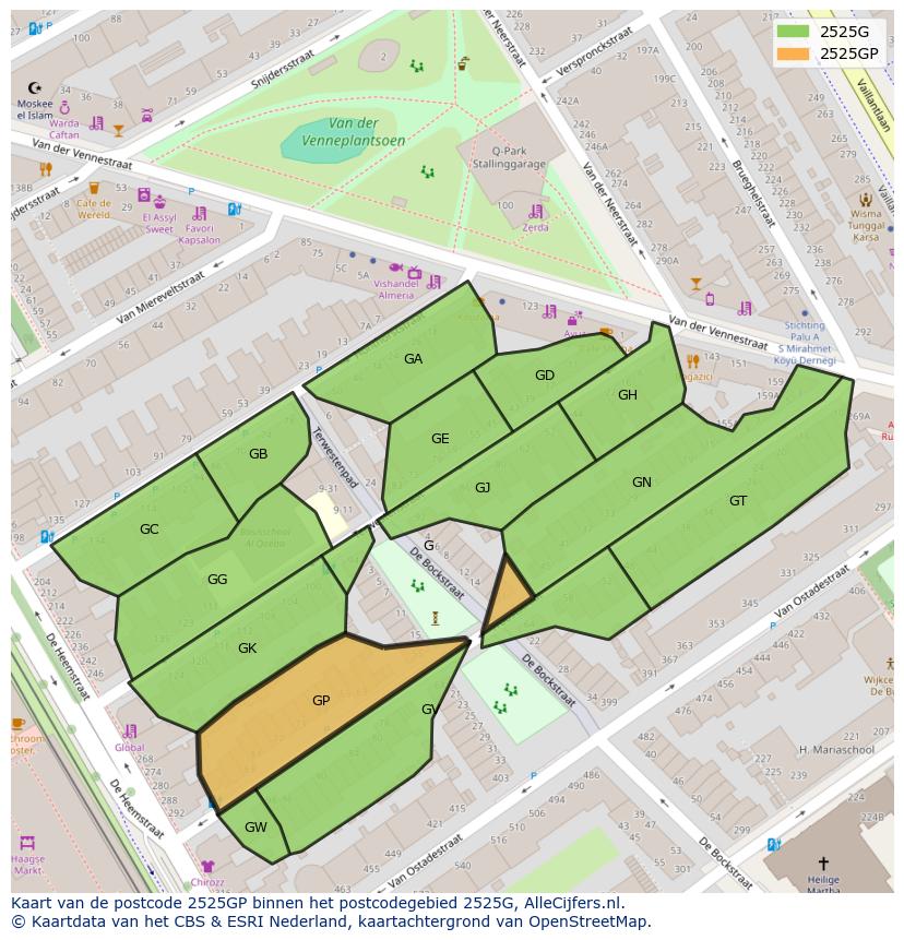 Afbeelding van het postcodegebied 2525 GP op de kaart.