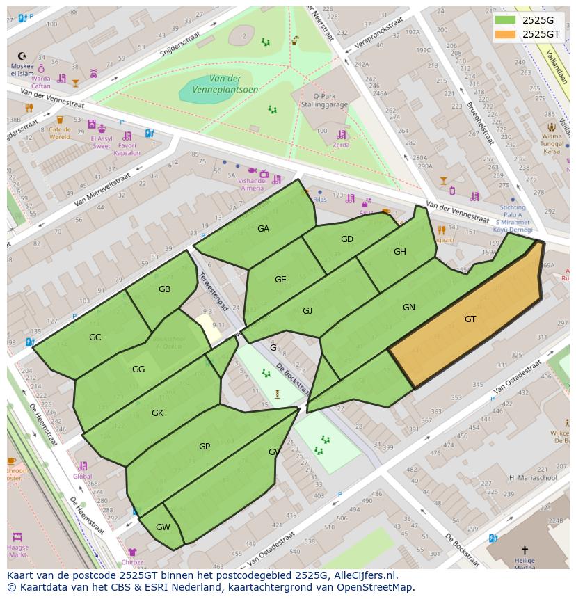 Afbeelding van het postcodegebied 2525 GT op de kaart.