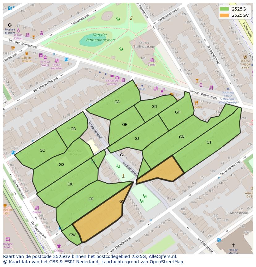 Afbeelding van het postcodegebied 2525 GV op de kaart.