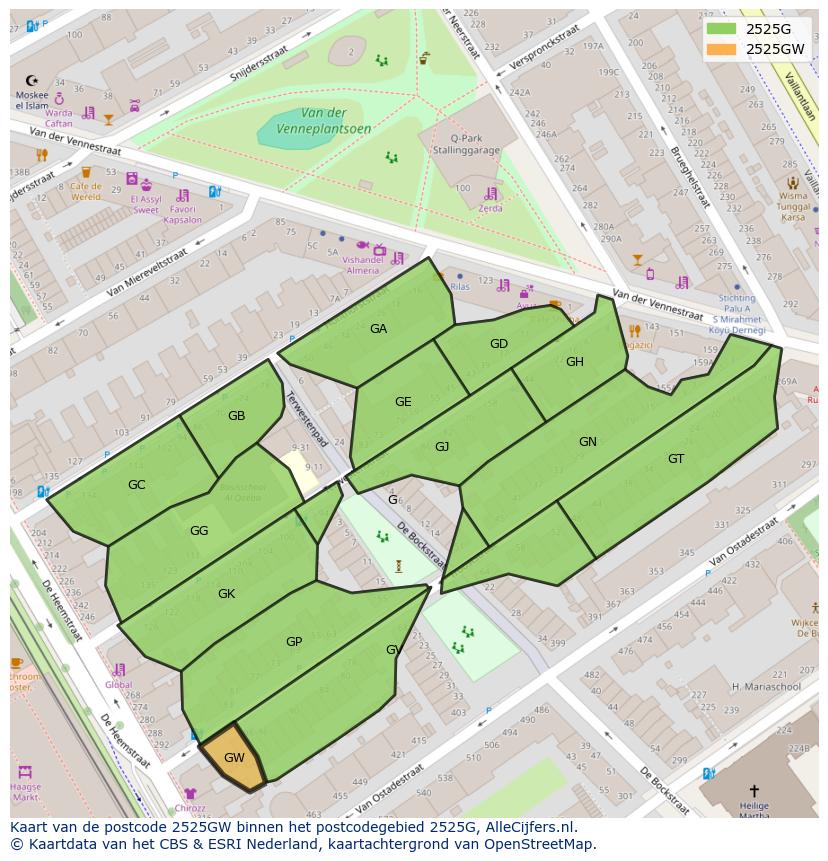 Afbeelding van het postcodegebied 2525 GW op de kaart.