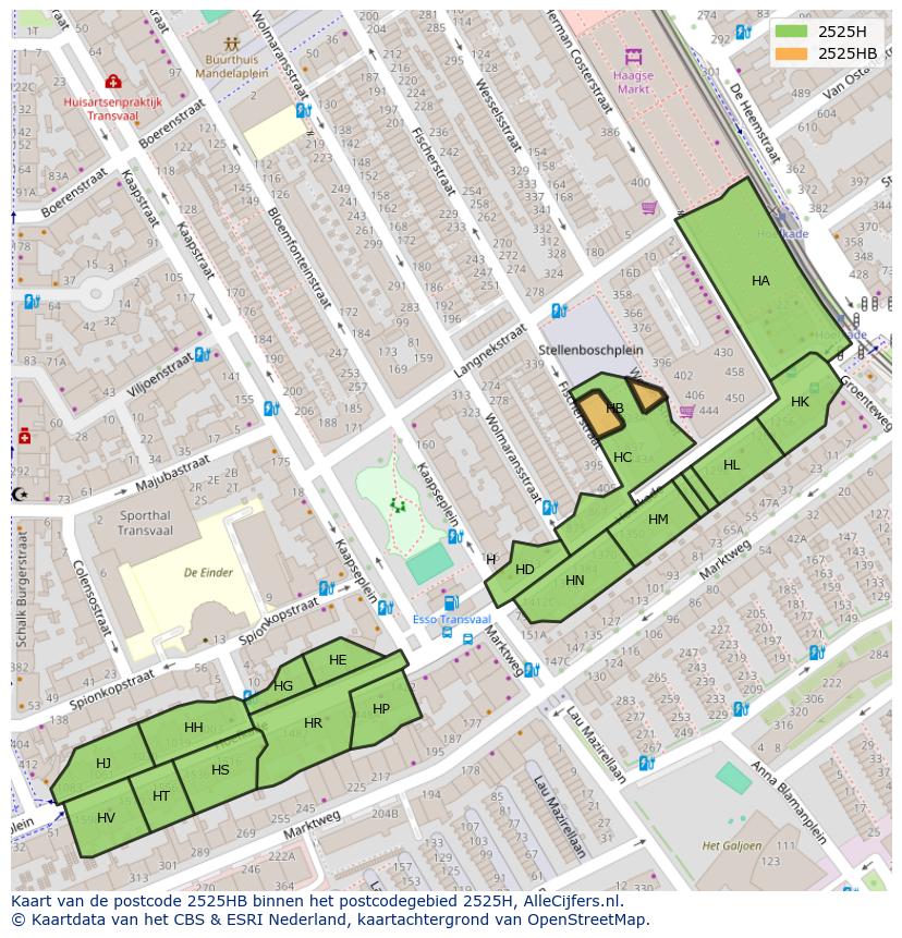 Afbeelding van het postcodegebied 2525 HB op de kaart.